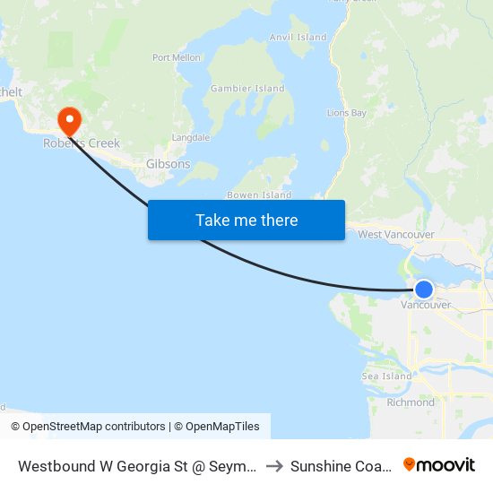 Westbound W Georgia St @ Seymour St to Sunshine Coast D map