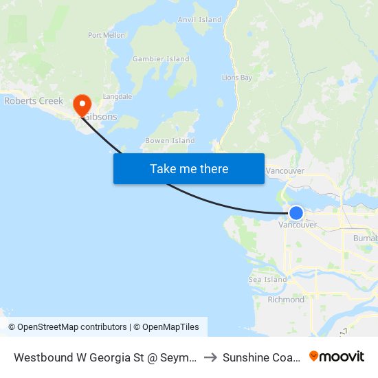 Westbound W Georgia St @ Seymour St to Sunshine Coast E map