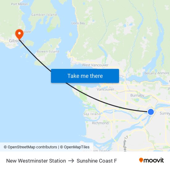 New Westminster Station to Sunshine Coast F map