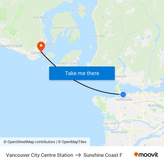 Vancouver City Centre Station to Sunshine Coast F map