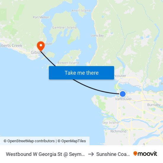 Westbound W Georgia St @ Seymour St to Sunshine Coast F map