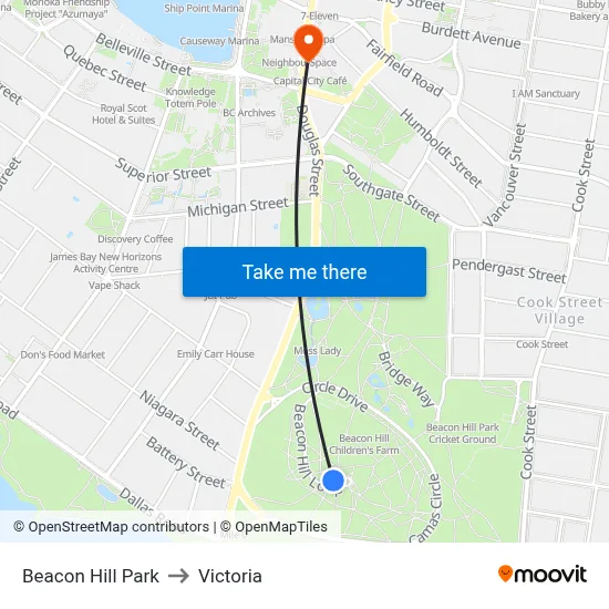 Beacon Hill Park to Victoria map