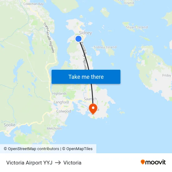 Victoria Airport YYJ to Victoria map