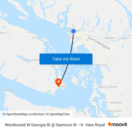 Westbound W Georgia St @ Seymour St to View Royal map