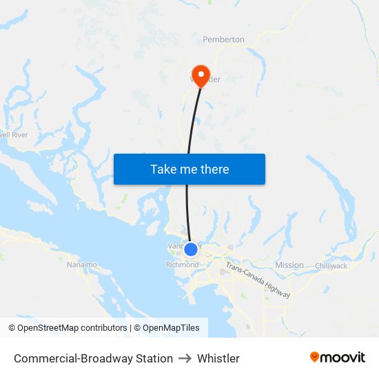 Commercial-Broadway Station to Whistler map