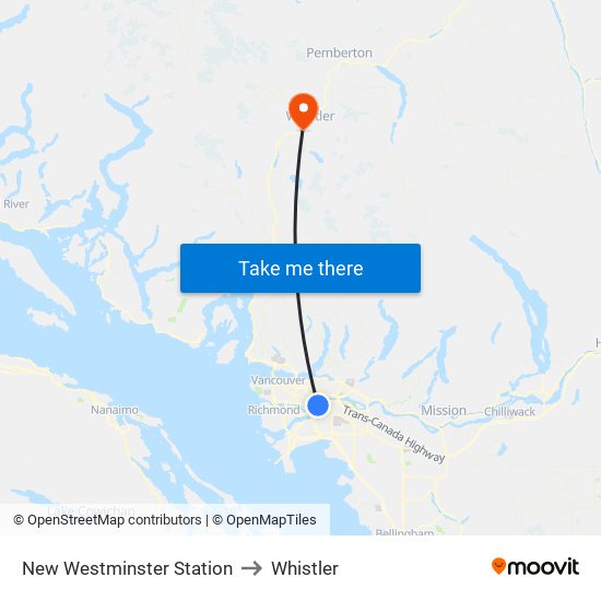 New Westminster Station to Whistler map