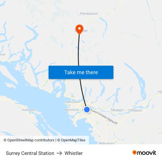 Surrey Central Station to Whistler map