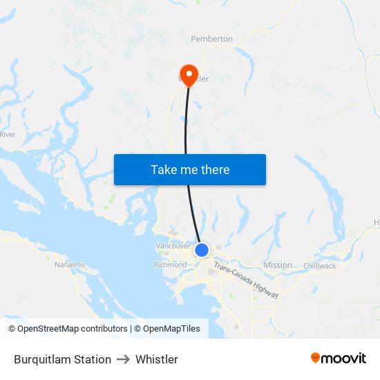 Burquitlam Station to Whistler map