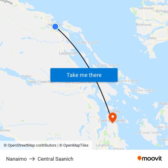 Nanaimo to Central Saanich map