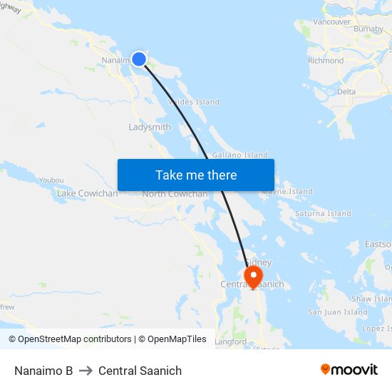 Nanaimo B to Central Saanich map