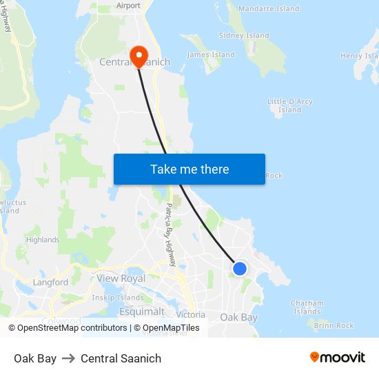 Oak Bay to Central Saanich map