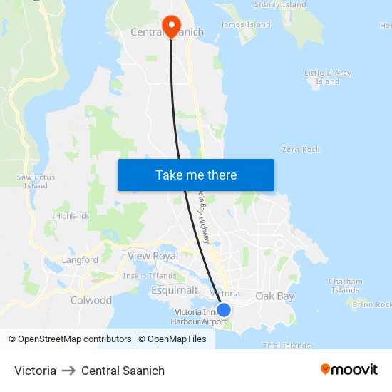 Victoria to Central Saanich map