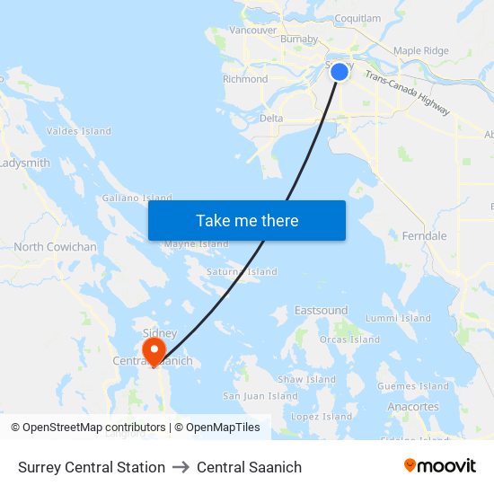 Surrey Central Station to Central Saanich map