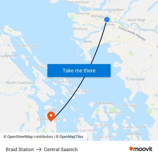 Braid Station to Central Saanich map