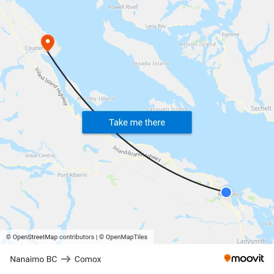 Nanaimo BC to Comox map