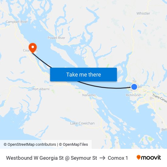 Westbound W Georgia St @ Seymour St to Comox 1 map