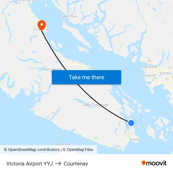 Victoria Airport YYJ to Courtenay map