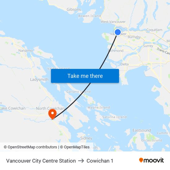 Vancouver City Centre Station to Cowichan 1 map