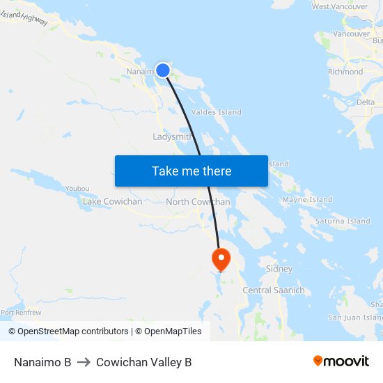 Nanaimo B to Cowichan Valley B map