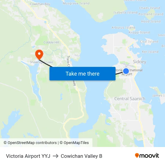 Victoria Airport YYJ to Cowichan Valley B map