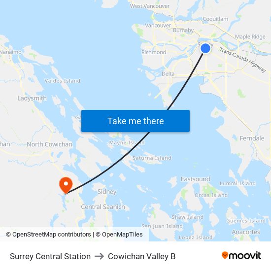 Surrey Central Station to Cowichan Valley B map
