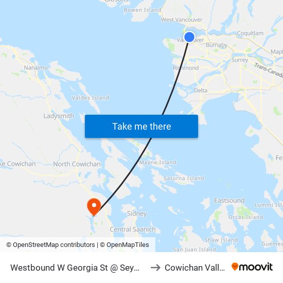 Westbound W Georgia St @ Seymour St to Cowichan Valley B map