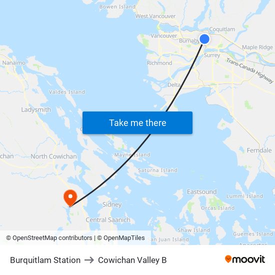 Burquitlam Station to Cowichan Valley B map