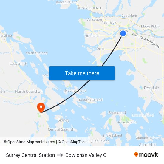 Surrey Central Station to Cowichan Valley C map