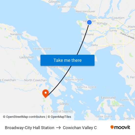Broadway-City Hall Station to Cowichan Valley C map