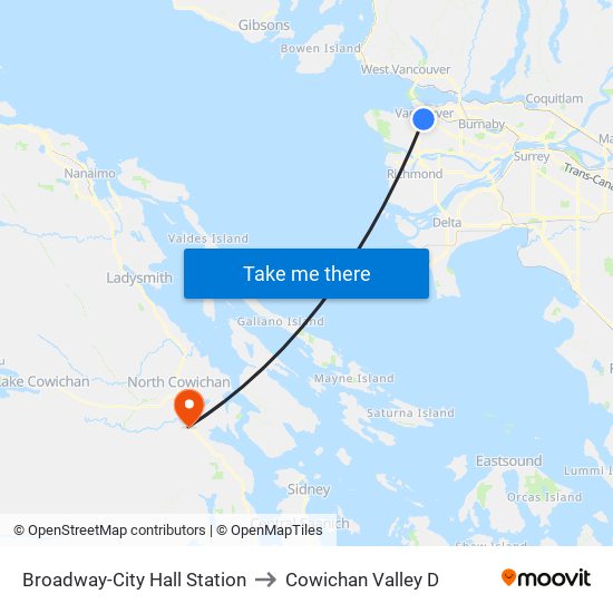 Broadway-City Hall Station to Cowichan Valley D map