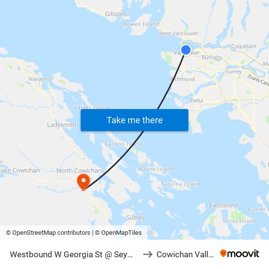 Westbound W Georgia St @ Seymour St to Cowichan Valley D map