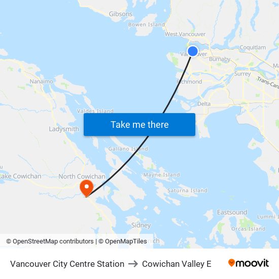 Vancouver City Centre Station to Cowichan Valley E map