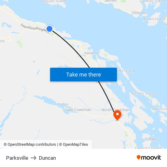 Parksville to Duncan map