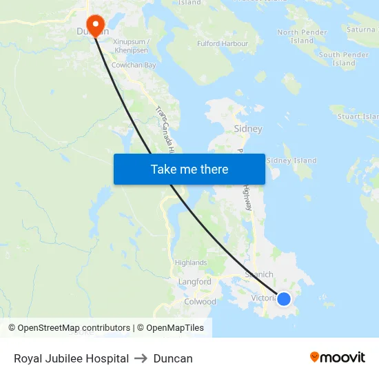 Royal Jubilee Hospital to Duncan map