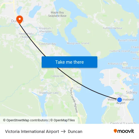 Victoria International Airport to Duncan map