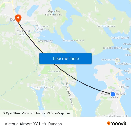 Victoria Airport YYJ to Duncan map