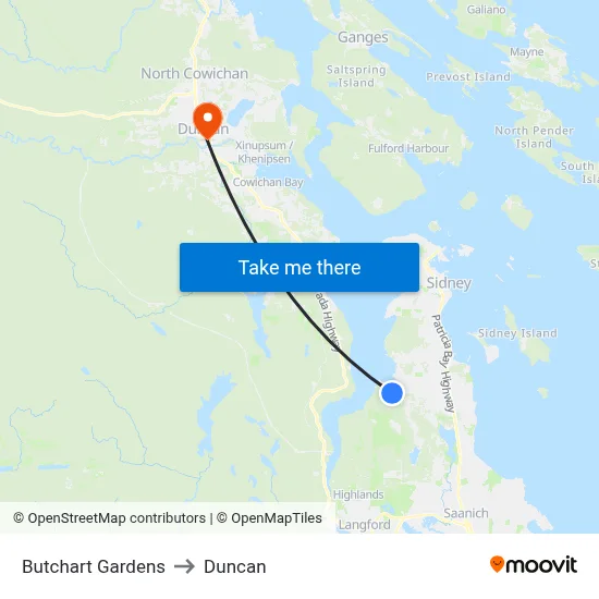 Butchart Gardens to Duncan map