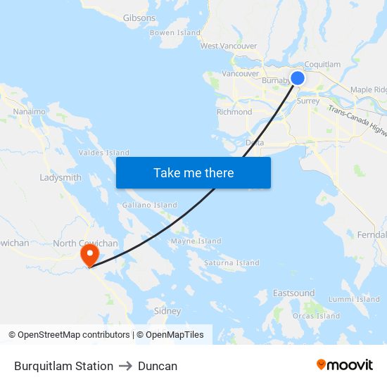 Burquitlam Station to Duncan map