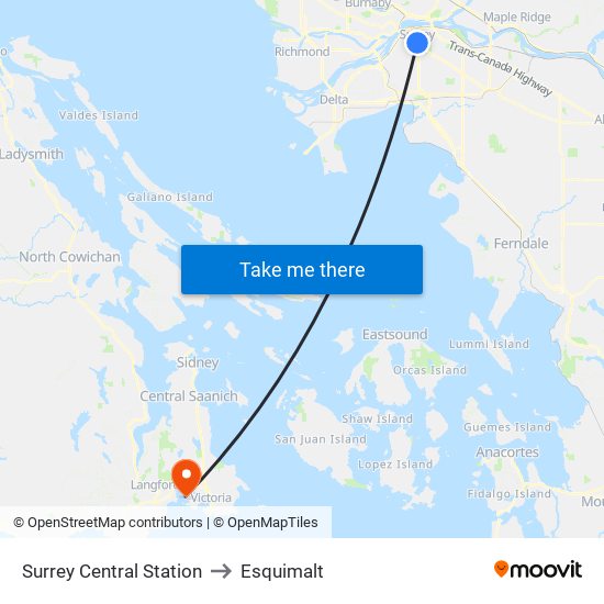 Surrey Central Station to Esquimalt map