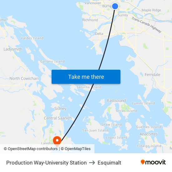 Production Way-University Station to Esquimalt map