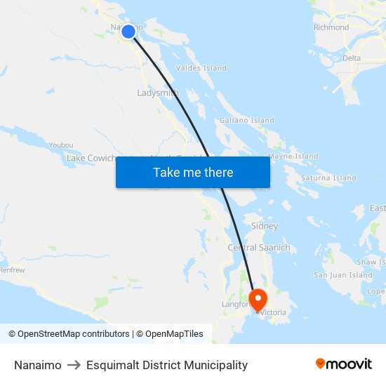 Nanaimo to Esquimalt District Municipality map