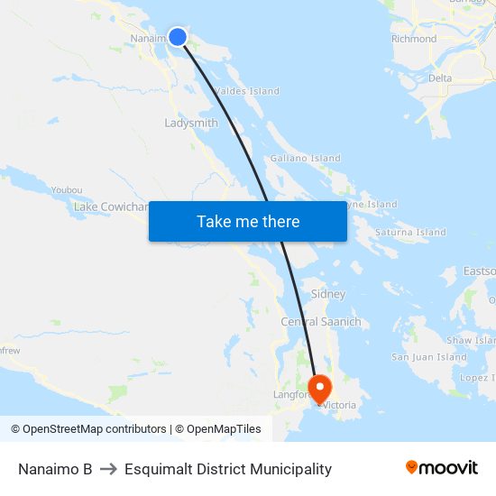 Nanaimo B to Esquimalt District Municipality map
