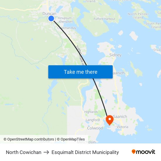 North Cowichan to Esquimalt District Municipality map