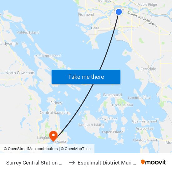 Surrey Central Station @ Bay 4 to Esquimalt District Municipality map