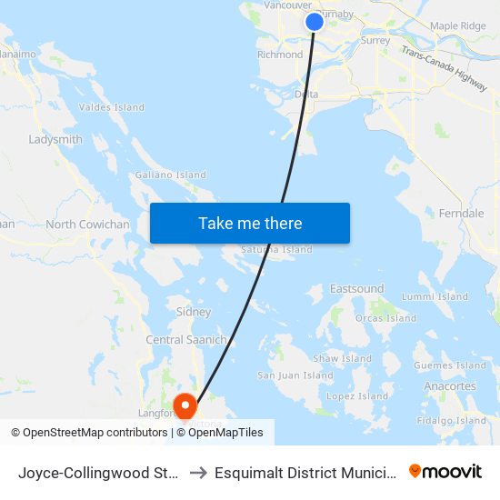 Joyce-Collingwood Station to Esquimalt District Municipality map