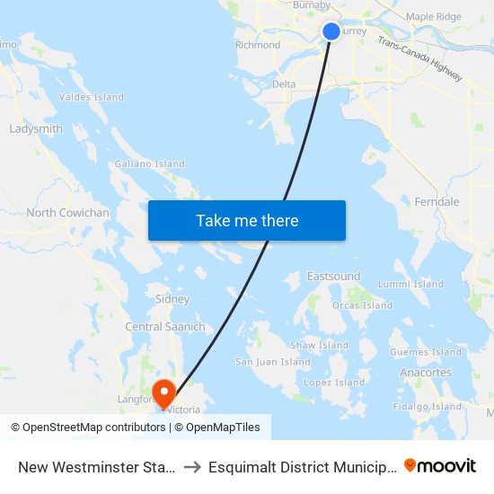 New Westminster Station to Esquimalt District Municipality map