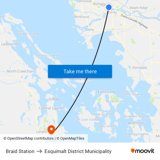 Braid Station to Esquimalt District Municipality map