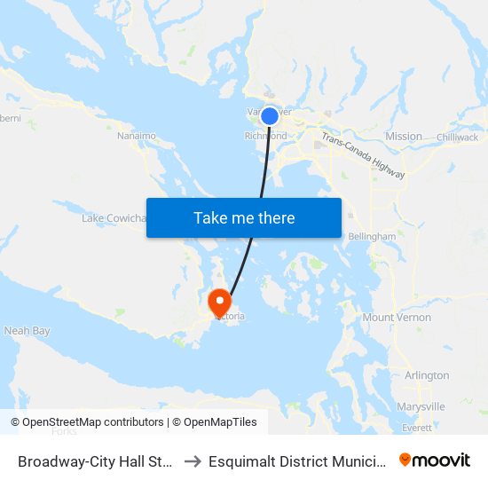 Broadway-City Hall Station to Esquimalt District Municipality map