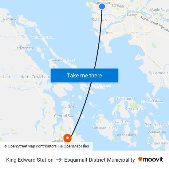 King Edward Station to Esquimalt District Municipality map