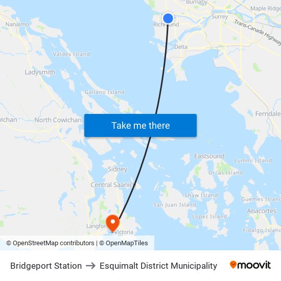Bridgeport Station to Esquimalt District Municipality map